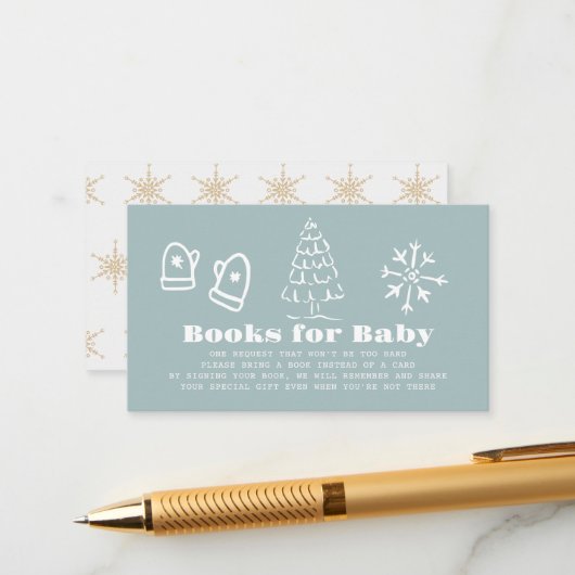 Winter Blue Hand-Drawn Baby Shower Book Request エンクロージャーカード (正面/裏面インサイチュ)
