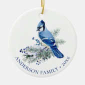 Winter Blue Jay Family Photo Christmas  セラミックオーナメント (正面)