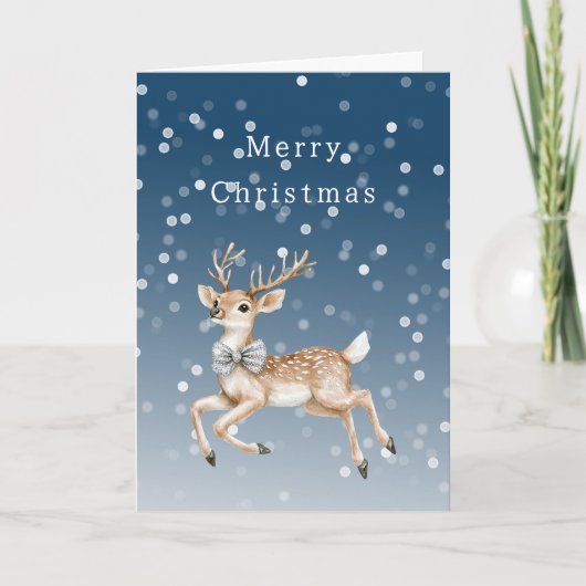 Winter Blue Ombre White Confetti Deer Christmas カード (正面)