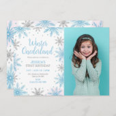 Winter Blue Onederland Girl 1stバースデーフォト 招待状 (正面/裏面)