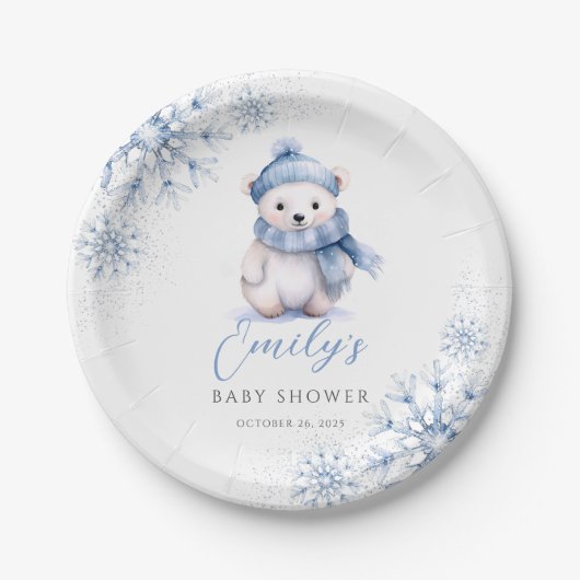 Winter Blue Polar Bear Paper Plates ペーパープレート (正面)