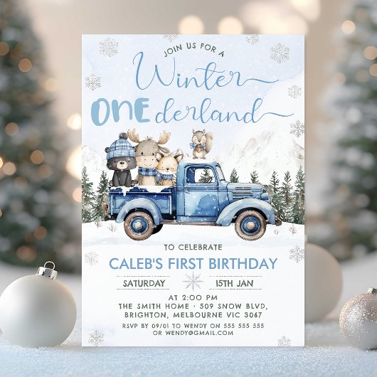 Winter Blue Woodland Truck Onederland 1st Birthday 招待状