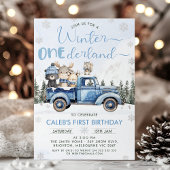 Winter Blue Woodland Truck Onederland 1st Birthday 招待状