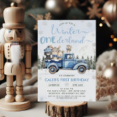 Winter Blue Woodland Truck Onederland 1st Birthday 招待状