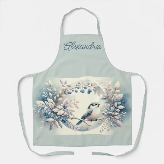 Winter Bluebird Berry Wreath エプロン (正面)