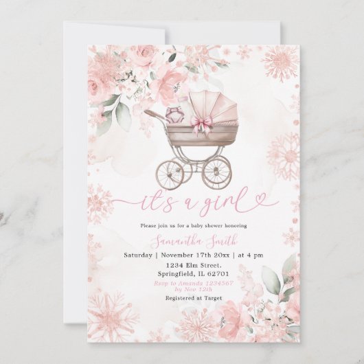 Winter Blush Floral Baby Carriage Baby Shower 招待状 (正面)
