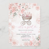 Winter Blush Floral Baby Carriage Baby Shower 招待状 (正面/裏面)