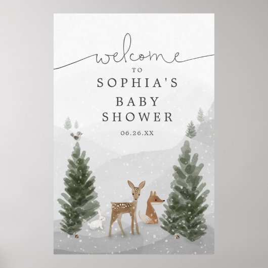 Winter Boho Woodland Baby Shower Foam Board Sign ポスター (正面)