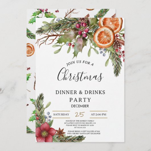Winter Botanical Christmas Invite | Rustic Dinner  招待状 (正面/裏面)