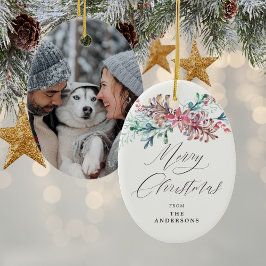 Winter Botanicals Beige Photo Merry Christmas セラミックオーナメント