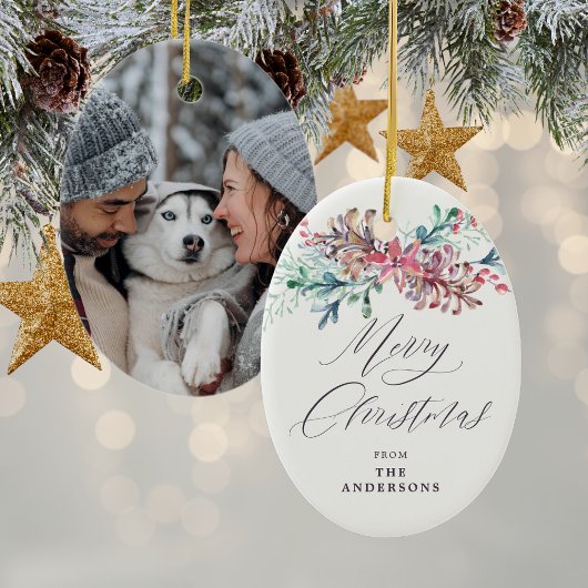 Winter Botanicals Beige Photo Merry Christmas セラミックオーナメント