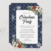 Winter Botanicals Blue Plaid Christmas Party 招待状 (正面/裏面)
