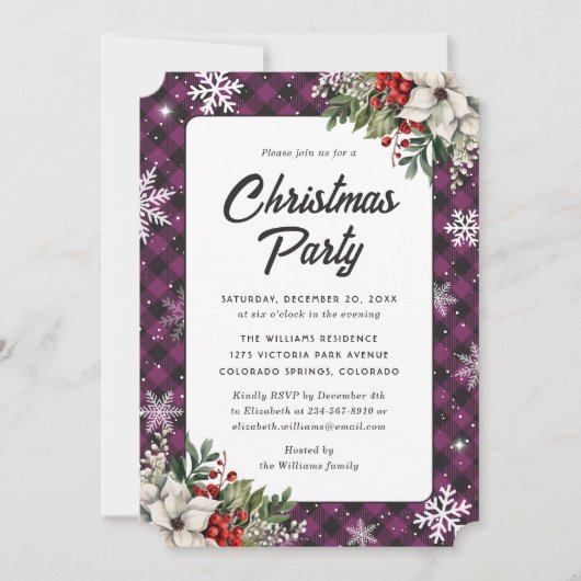 Winter Botanicals Purple Plaid Christmas Party 招待状 (正面)