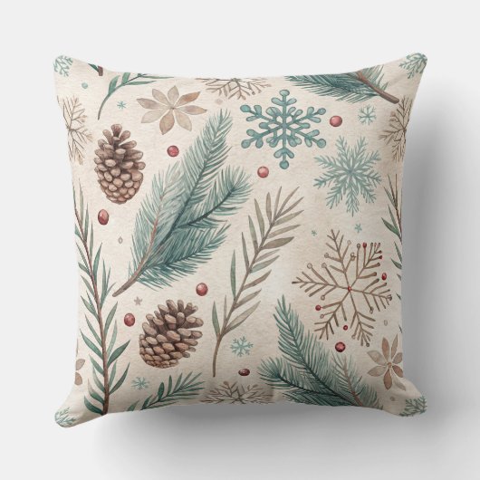 Winter Botanicals & Snowflakes - Rustic Holiday 1 クッション (裏面)