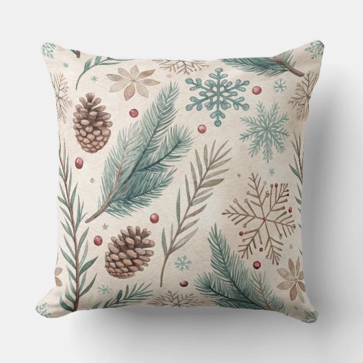 Winter Botanicals & Snowflakes - Rustic Holiday 1 クッション (正面)