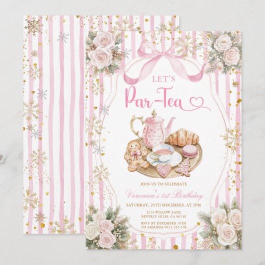 Winter Bow Let’s Par-tea Girl Birthday Snowflakes 招待状 (正面/裏面)