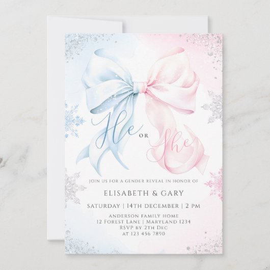 Winter Bows Snowflakes Gender Reveal Invitation 招待状 (正面)