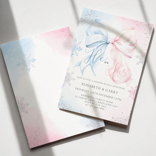 Winter Bows Snowflakes Gender Reveal Invitation 招待状