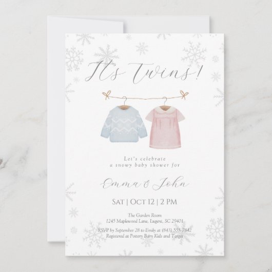 Winter Boy and Girl Twins Baby Shower Invitation 招待状 (正面)