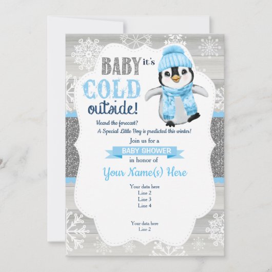 Winter Boy Penguin招待状for Boy Baby Shower 招待状 (正面)
