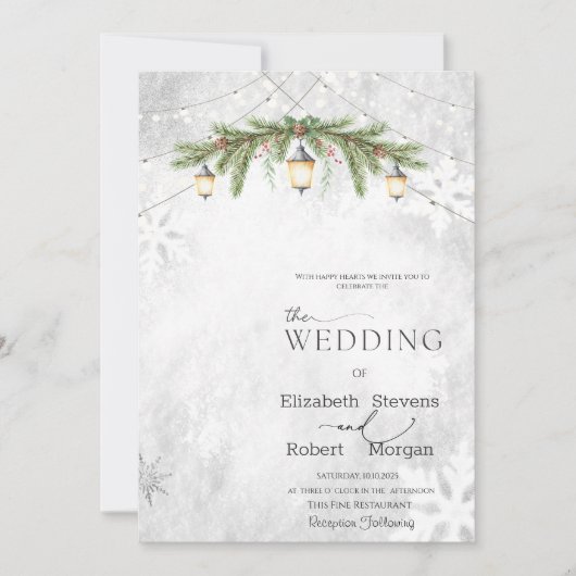 Winter Branches Lantern Snowflakes Wedding 招待状 (正面)