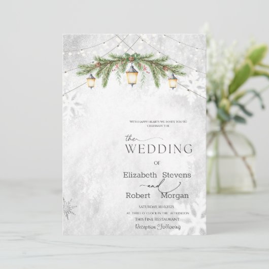 Winter Branches Lantern Snowflakes Wedding 招待状 (スタンド正面)