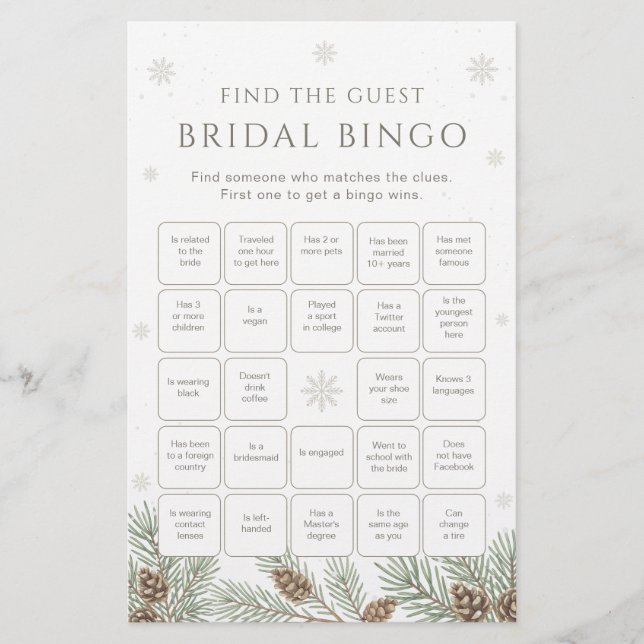 Winter Bridal Shower Bingo Game Find the Guest (正面)