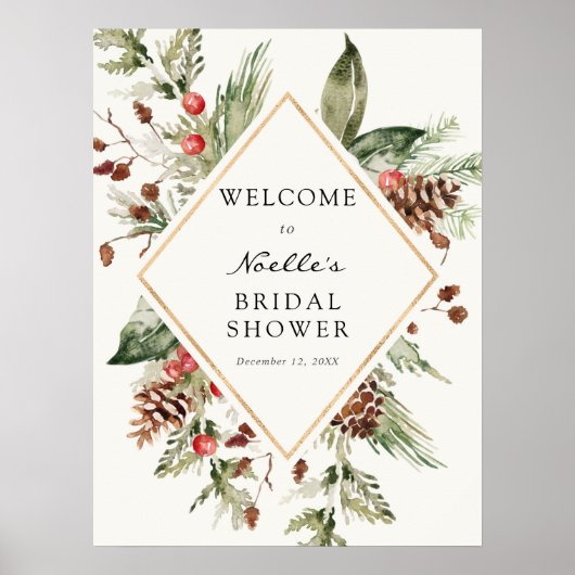Winter Bridal Shower Evergreen Poinsettia Welcome ポスター (正面)