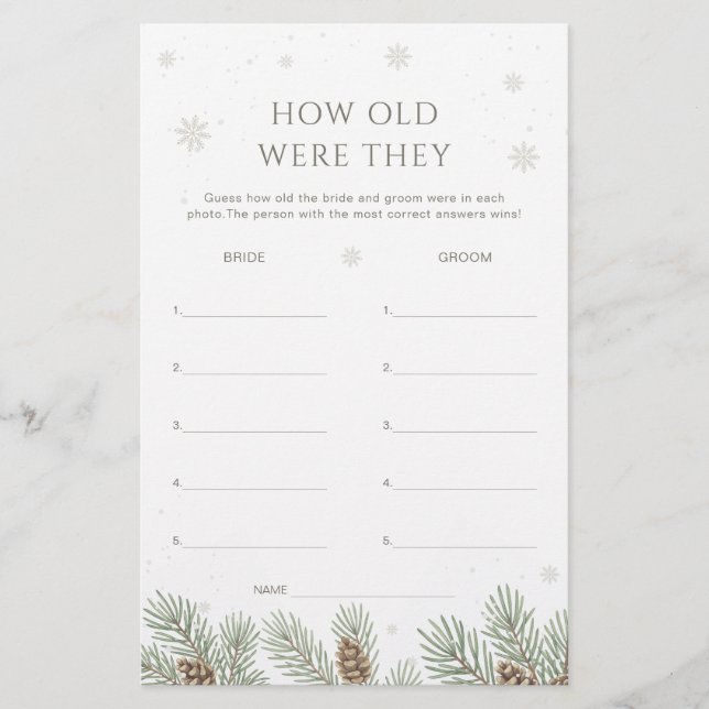 Winter Bridal Shower Guess the Age Game (正面)