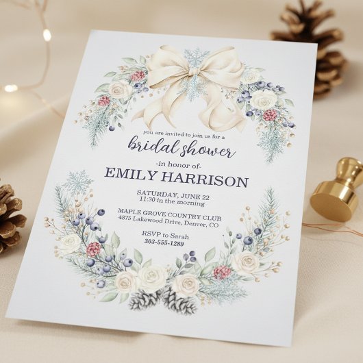 Winter Bridal Shower Invitation Cream Bow Floral 招待状