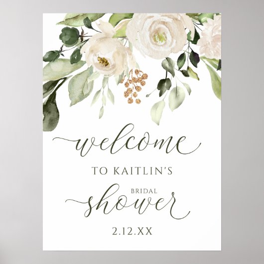 Winter Bridal Shower Welcome Sign White Floral ポスター (正面)