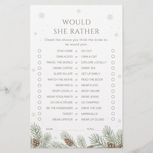 Winter Bridal Shower Would She Rather Game (正面)