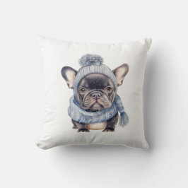 Winter Bulldog Baby in Blue Cap and Scarf クッション
