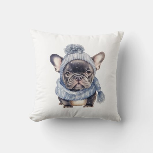 Winter Bulldog Baby in Blue Cap and Scarf クッション (正面)