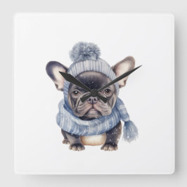 Winter Bulldog Baby in Blue Cap and Scarf  スクエア壁時計