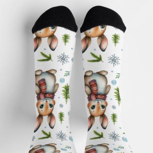 Winter Bunny Design, Christmas Rabbit Socks ソックス (上部)