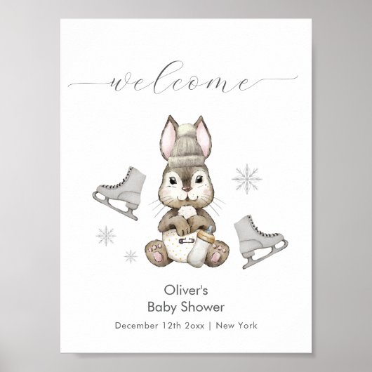 Winter Bunny Ice Skate Baby Shower Welcome  ポスター (正面)