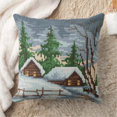 Winter Cabin Cross Stitch Style Throw Pillow クッション (ブランケット)