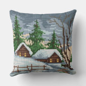 Winter Cabin Cross Stitch Style Throw Pillow クッション (裏面)
