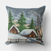Winter Cabin Cross Stitch Style Throw Pillow クッション (正面)