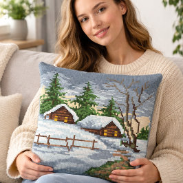 Winter Cabin Cross Stitch Style Throw Pillow クッション