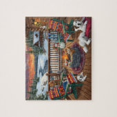 Winter Cabin Deck Dogs Fire Pit Snow Scene ジグソーパズル (縦)