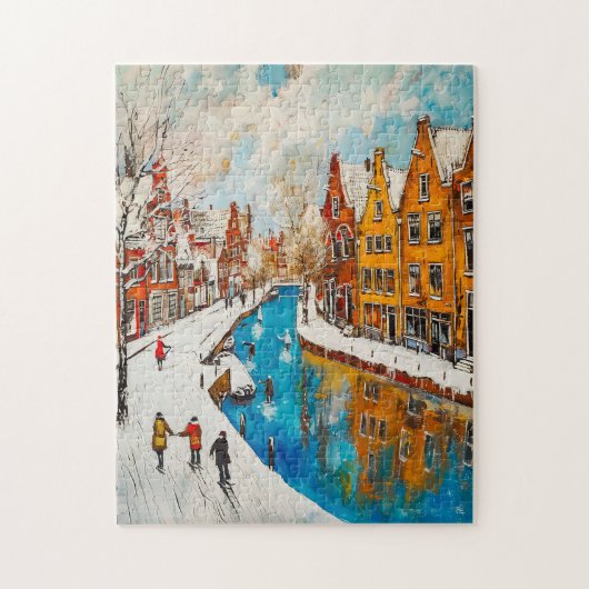 Winter Canal with Snowy Streets and Colorful House ジグソーパズル (縦)