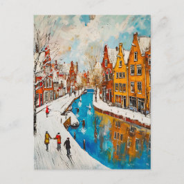Winter Canal with Snowy Streets and Colorful House ポストカード