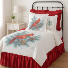 Winter Cardinal Birds with Evergreen Branches  掛け布団カバー