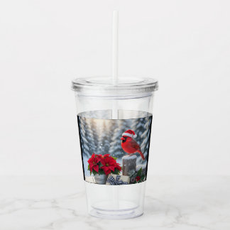 Winter Cardinal with Poinsettia Acrylic Tumbler アクリルタンブラー