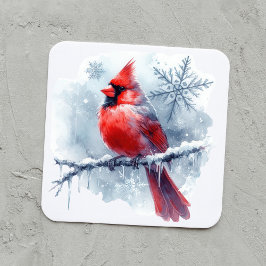 Winter Cardinal with Snowflakes on Icy Branch スクエアシール