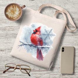 Winter Cardinal with Snowflakes on Icy Branch トートバッグ