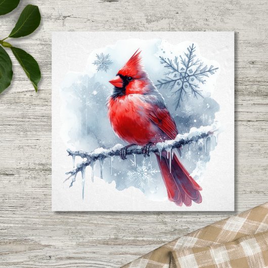 Winter Cardinal with Snowflakes on Icy Branch ポスター
