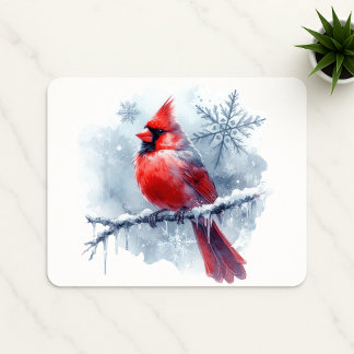 Winter Cardinal with Snowflakes on Icy Branch マウスパッド